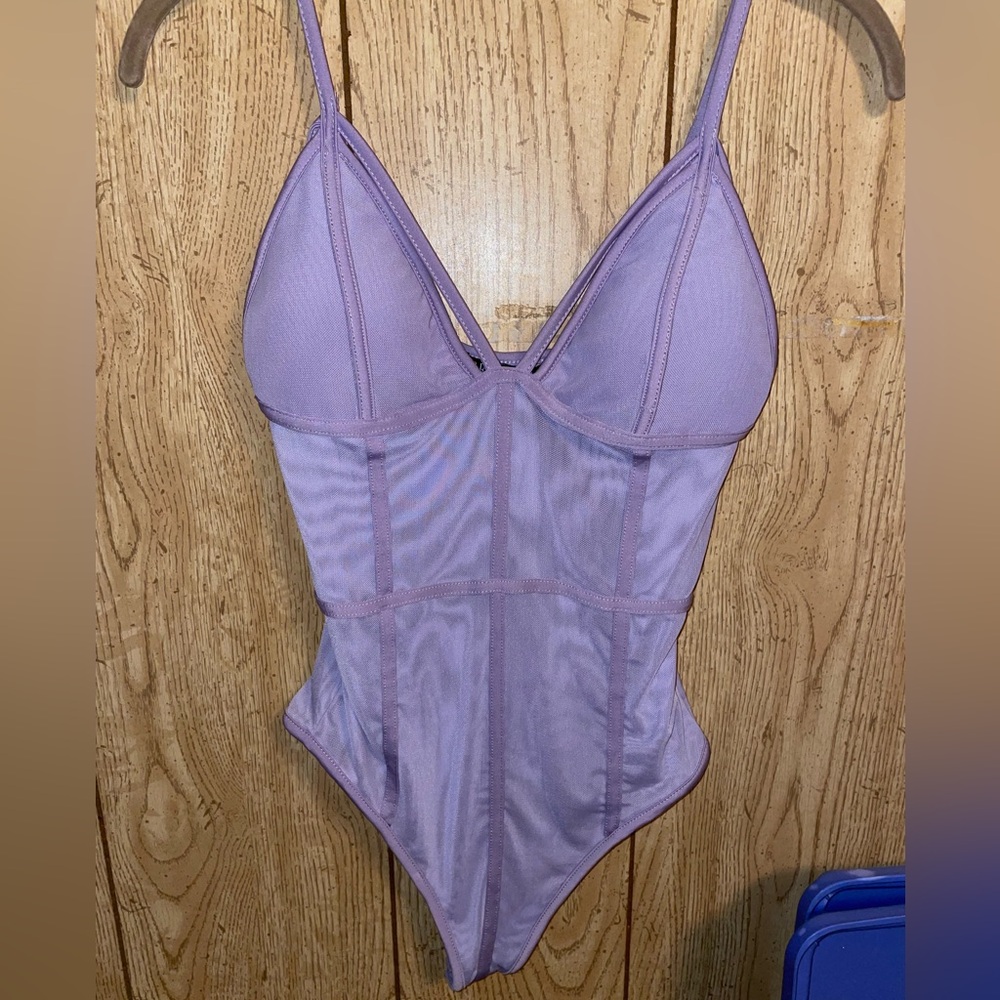 *NWOT* Lavender Revamped Strappy Mesh Corset Button Snap Bodysuit